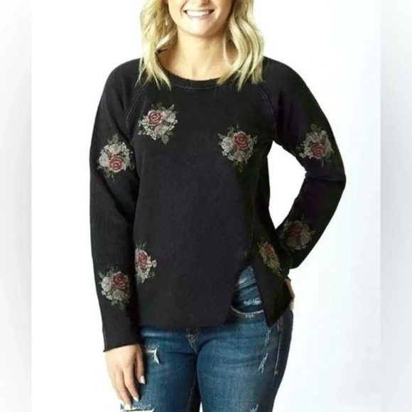 Lucky Brand Gray Black Embroidered Floral Sweatshirt Distressed long sleeve Sz S - Picture 1 of 10